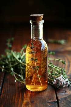 A bottle of herb oil with a cork stopper and a bunch of herbs on top of it