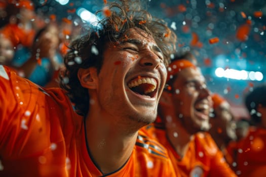 A man in an orange shirt is laughing and surrounded by other people. Scene is joyful and celebratory