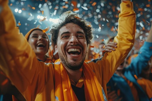 A man in a yellow shirt is smiling and surrounded by people. Scene is joyful and celebratory