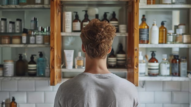 A man is standing in front of a shelf full of bottles and is looking at them. The bottles are of various sizes and colors, and they are arranged in a way that makes it easy for the man to see them