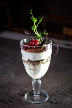 tiramisu dessert with berries in a glass on the table.