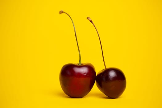 ripe cherries close-up on a yellow background.