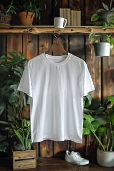 A white t-shirt hanging on a wooden rack. The shirt is white and has no design on it