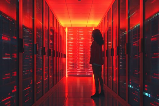 A woman stands in a red hallway with a computer server. The red lighting creates a mood of mystery and intrigue