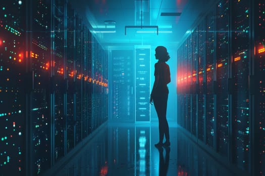 A woman stands in a large room with many computer servers. Scene is somewhat mysterious and somewhat ominous