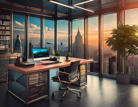 Office with modern devices and digital data on hologram screens 3D rendering