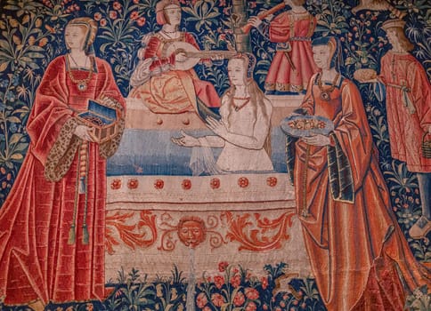 PARIS, FRANCE, DECEMBER 16, 2023 : The lady and the unicorn, renaissance tapestry, Cluny chapel, Paris, France