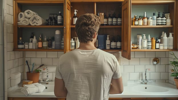 A man is standing in front of a bathroom cabinet with many bottles and toiletries. He is looking at the bottles and seems to be in a contemplative mood