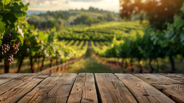 A vineyard with a wooden table in the foreground. The table is surrounded by vines and has a view of the vineyard. Scene is peaceful and serene, with the natural beauty of the vineyard