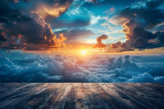 The sky is filled with clouds and the sun is setting. wooden table with copy space