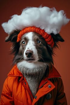 A dog is wearing a red hat and a sweater. The dog has a serious expression on its face