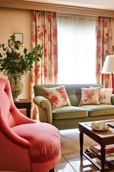 Bright pink lounge room decor, interior design and house improvement, living room furniture, sofa and home decor, country cottage style, post-processed, generative ai
