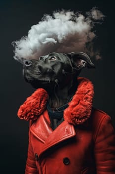 A black dog is wearing a red coat and smoking.