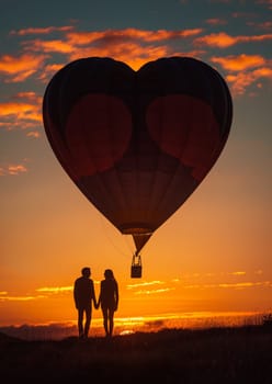 A hot air balloon flying with a couple looking at the sunset, start of new fun adventure or a travel, landscape, travel with friends