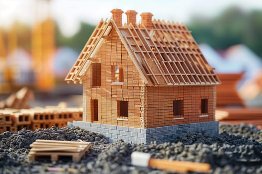 A wooden model of a house resting on a table, showcasing intricate details and craftsmanship.