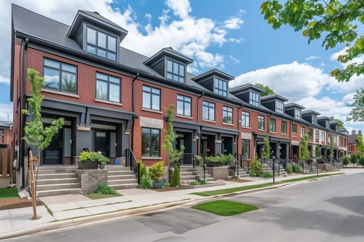 A line of red brick townhouses stretches along the city street.