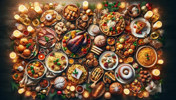 A top-down view of an Italian holiday feast, featuring roasted meats, lasagna, pasta, seafood, panettone, pandoro, and holiday decorations. High quality illustration