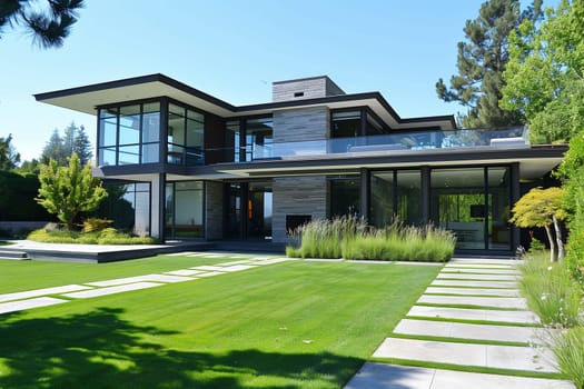 A modern house with a spacious lawn in the foreground.