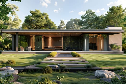 A single house stands in the center of a vibrant green field, surrounded by natures beauty.