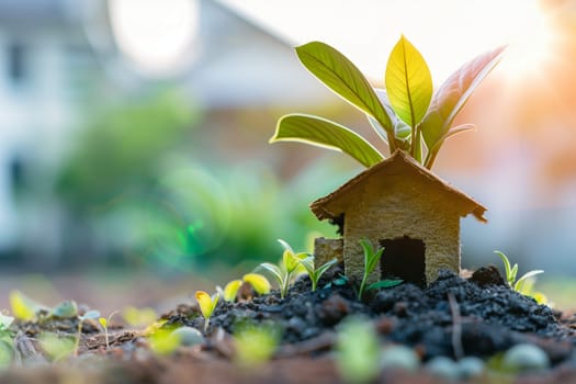 A small house with a plant emerging from its roof, showcasing a unique and natural blend of architecture and nature.