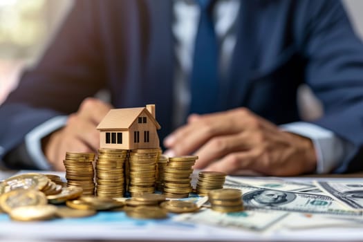 A man is seated at a table, surrounded by stacks of coins and a model house, engaged in financial planning or investment decisions.