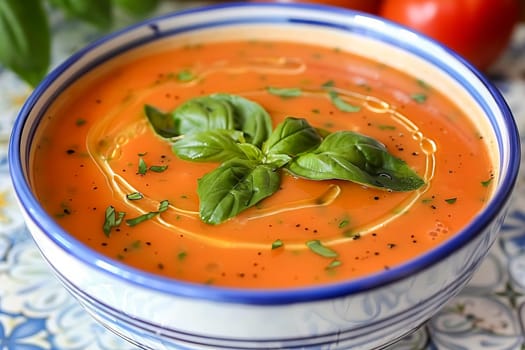 Spanish cold summer tomato soup gazpacho in a bowl with basil, on a white and blue tile surface. Healthy summer food.