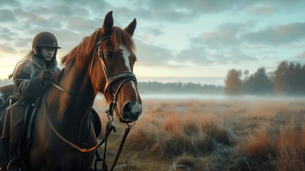 The picture of the cowboy or horse trainer with the horse that has been surrounded with wild nature under the sun at the dawn or dusk time, horse trainer require handling skills and technique. AIG43.