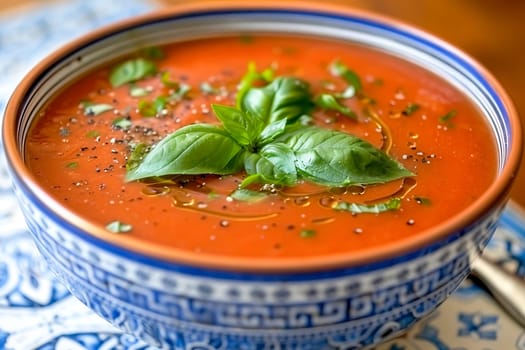 Spanish cold summer tomato soup gazpacho in a bowl with basil, on a white and blue tile surface. Healthy summer food.