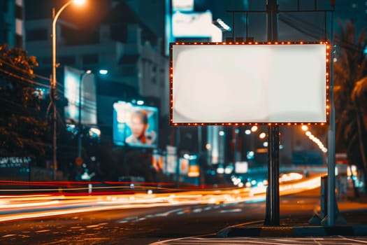 A view of an empty billboard lit up on a city street at night, with the urban scene in the background. mockup