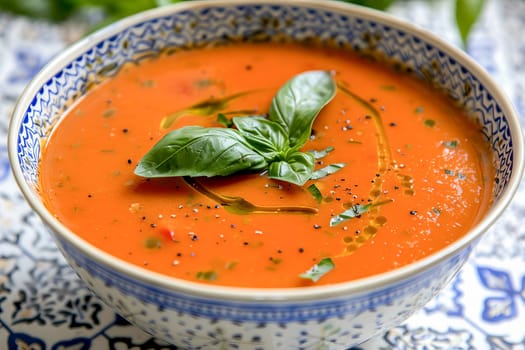 Spanish cold summer tomato soup gazpacho in a bowl with basil, on a white and blue tile surface. Healthy summer food.