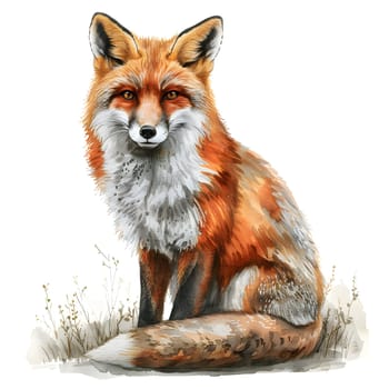 A red fox, a carnivorous terrestrial animal, is depicted in a painting sitting in the grass with a white background. Its whiskers and snout are detailed in the art
