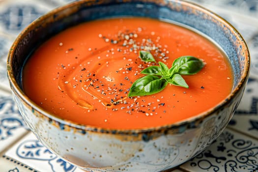 Spanish cold summer tomato soup gazpacho in a bowl with basil, on a white and blue tile surface. Healthy summer food.