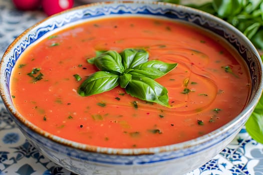 Spanish cold summer tomato soup gazpacho in a bowl with basil, on a white and blue tile surface. Healthy summer food.