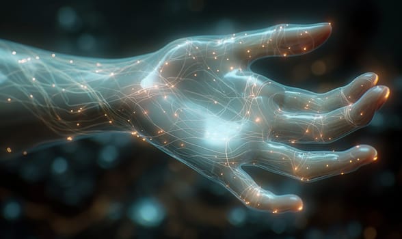 A human hand glowing from within on a dark background. Selective soft focus.