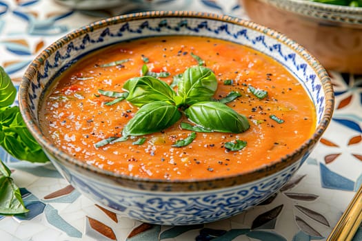 Spanish cold summer tomato soup gazpacho in a bowl with basil, on a white and blue tile surface. Healthy summer food.