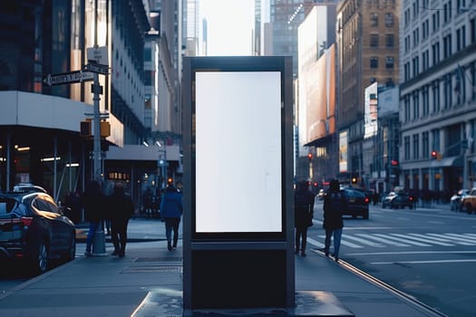A blank vertical billboard stands on a bustling street corner as evening approaches, with cars and pedestrians nearby. mockup