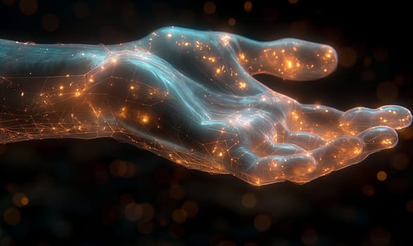 A human hand glowing from within on a dark background. Selective soft focus.