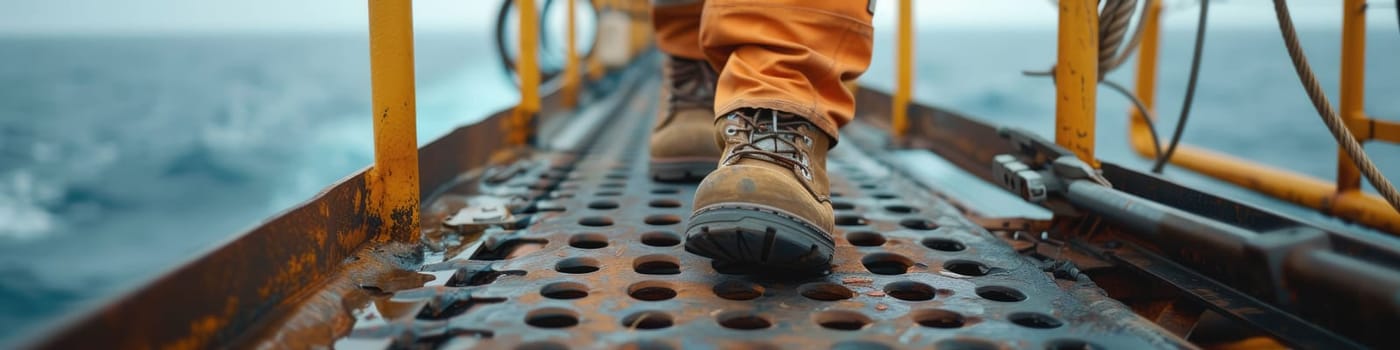 The close up picture view of the engineer is working inside the factory and focus on the boots, the engineer require skill like the technical experience, management and the communication skill. AIG43.