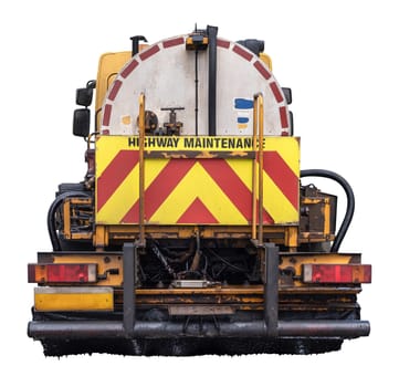 A Grungy Highway Maintenance Truck For Tarmac Surfacing, Isolated On A White Background