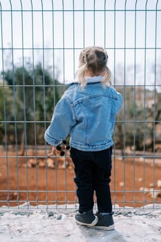 Little girl stands near a wire fence and looks through it at the park. Back view. High quality photo