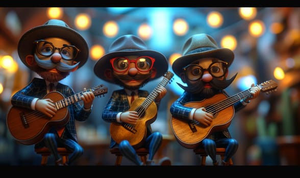 Three cartoon musicians play guitars together. Selective focus.