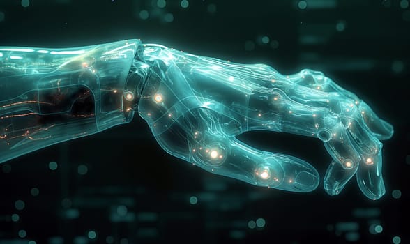 A human hand glowing from within on a dark background. Selective soft focus.