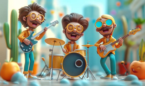 Animated musicians play different musical instruments. Selective focus.