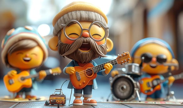 Three cartoon musicians play guitars together. Selective focus.