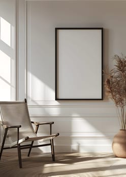 A chair sits in a living room with a picture hanging on a wooden wall. The interior design includes a flowerpot on the floor with rectangle flooring