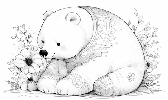Black and white illustration for coloring animals, bear. Selective soft focus.