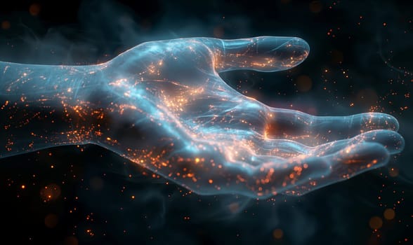 A human hand glowing from within on a dark background. Selective soft focus.