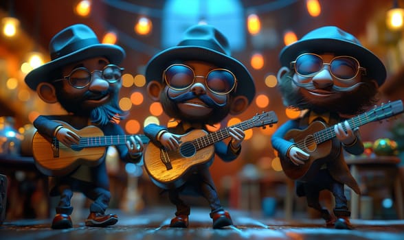 Three cartoon musicians play guitars together. Selective focus.