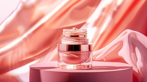 Cosmetic cream in a glass jar on a pink background. Skin care concept. Backdrop for beauty products