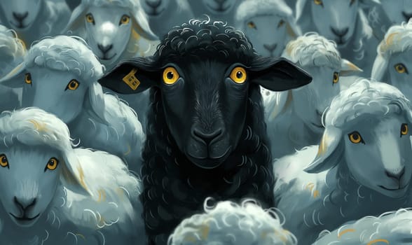A black sheep among white sheep in a herd. Selective focus.